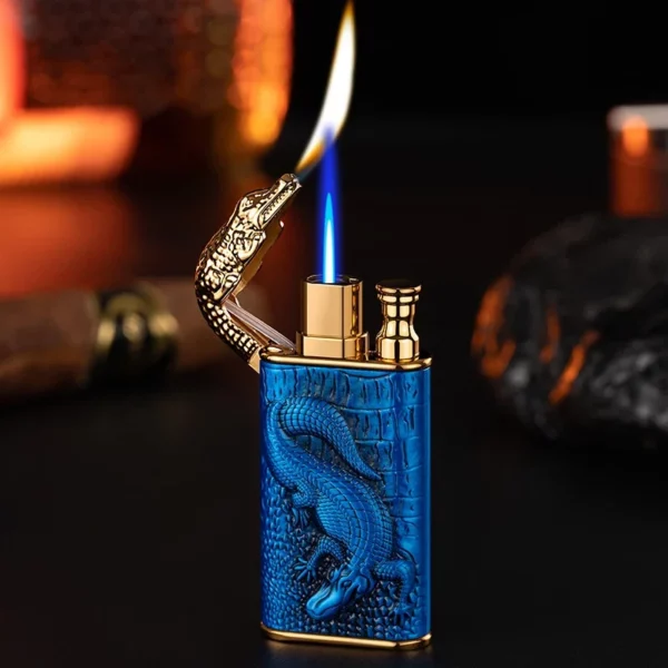 Nouveau 3D Relief Dragon Crocodile Double allume-feu en métal coupe-vent Jet feu ouvert Conversion briquet à gaz fumer cadeau pour hommes – Image 4