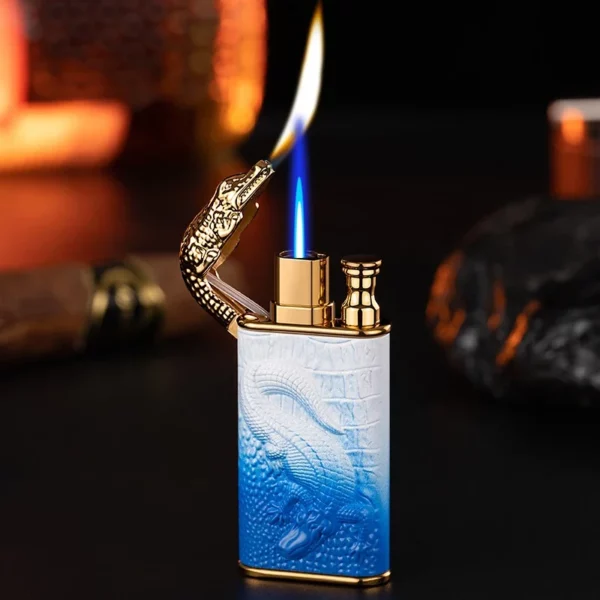 Nouveau 3D Relief Dragon Crocodile Double allume-feu en métal coupe-vent Jet feu ouvert Conversion briquet à gaz fumer cadeau pour hommes – Image 5